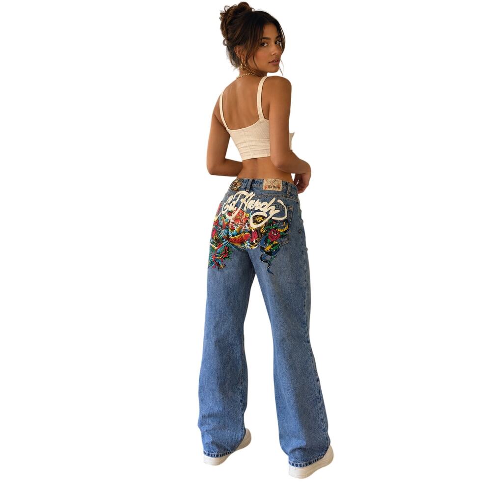 Ed Hardy Light Wash Graphic Embroidered Jeans Women 28 Y2K NWT